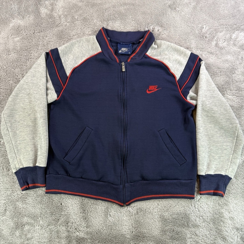 Vintage Nike Swoosh Hoodie Sweatshirt 80s Full Zip Track Jacket Small Blue Label
